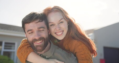 Portrait, happy couple hug with new house and real estate with smile on face, love and invest in future home. Man, woman and happiness in backyard together, property investment and marriage support.