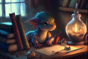 hyperdetailed painting of a cute little baby fire dragon sitting on the desk of a magic student school supplies books notebooks pen pencils pencil case crystal ball halffilled flasks magic wand 