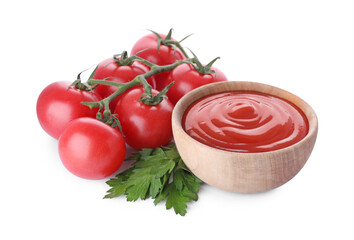 Bowl with tasty ketchup, parsley and fresh tomatoes isolated on white