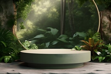 Stone display podium for products with nature  background, Generative AI, Generative, AI