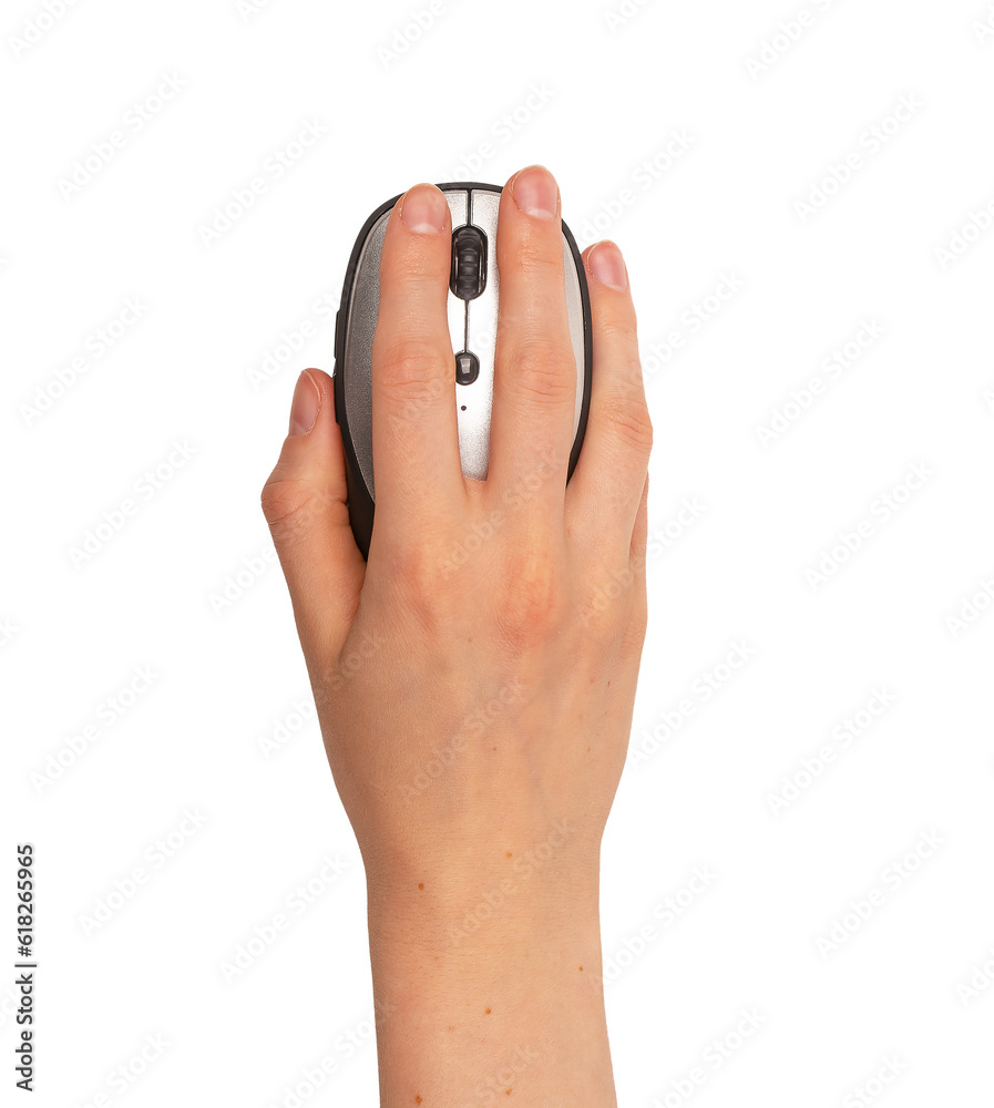 Aufkleber hand palm lying on computer mouse isolated on white