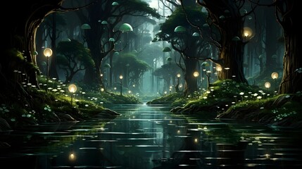 A surrealist-inspired artwork merging a serene forest landscape with floating, dreamlike elements. (Generative AI)