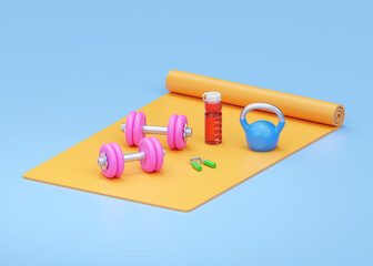 Fitness 3d render illustration - simple pink dumbbell, realistic water red bottle and blue kettlebell