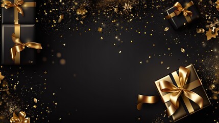 Top view photo of black gift boxes with golden ribbon bow tag and golden confetti on isolated black background with blank space. New year. Birthday - obrazy, fototapety, plakaty