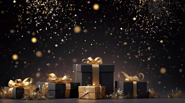 Photo of black gift boxes with golden ribbon bow tag and golden confetti on isolated black background with blank space. New year. Birthday