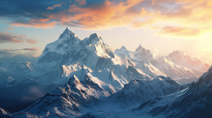 Panoramic view of beautiful snowy Masherbrum peak in the mountain range during sunset light - obrazy, fototapety, plakaty