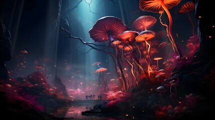 A neon inspired artwork combining photography and digital painting to create a surreal underwater scene with floating jellyfish and vibrant coral reefs.  (Generative AI)