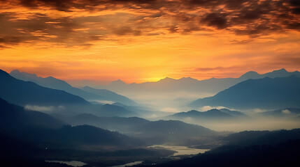 Obraz premium Smoke in the mountain range at the sunrise light
