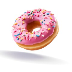 A pink frosted donut with sprinkles on a white background created with Generative AI technology