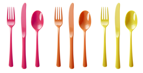 Set of Cutlery of plastic disposable colourful party spoon, fork knife on transparent background cutout, PNG file. Mockup template for artwork design. pink magenta, orange, yellow


