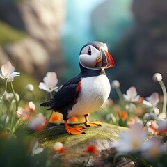 A puffy Atlantic puffin standing on a rock in a field of flowers created with Generative AI technology