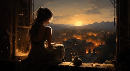 Beautiful anime girl sitting with a cat in the window at sunset. 