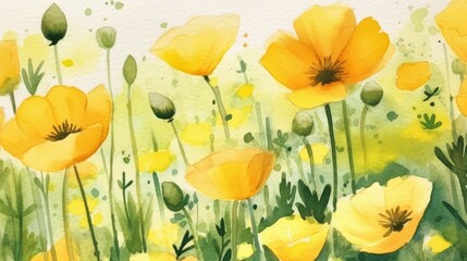 Bright and Bold Buttercup Meadow watercolor. AI generated
