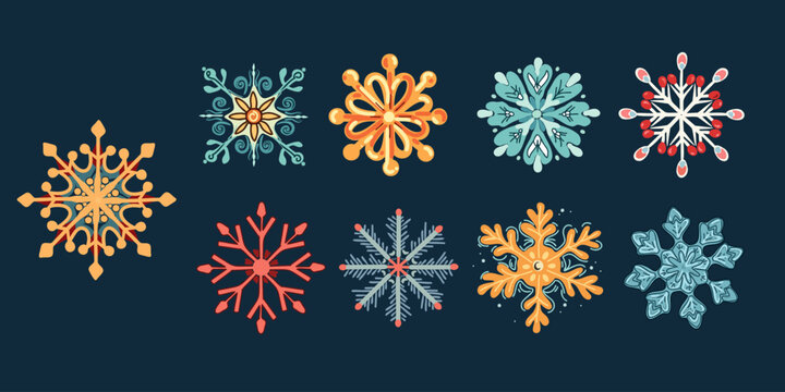 Set with colored snowflakes on a blue background, vector illustration