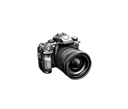 Black and white vector illustration of a system camera on a white background