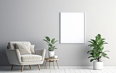 Empty frame on the Gray wall with copy space in the living room with a white retro armchair, green plants on the floor side, coffee table.