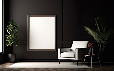 Empty frame on the black wall with copy space in the modern and chic living room with a white retro armchair, green plants on the floor side, coffee table. Sunlight from the window