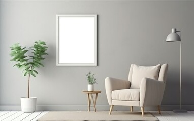 Empty frame on the light gray wall with copy space in the living room with a beige retro armchair, green plants on the floor side, coffee table.