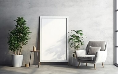 Empty frame on the Gray concrete wall with copy space in the living room with a white retro armchair, green plants on the floor side, coffee table. Sunlight and foliages leaves shadow.