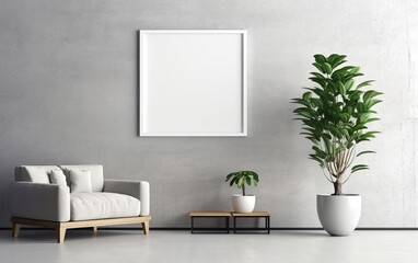 Empty frame on the Gray wall with copy space in the living room with a white retro armchair, green plants on the floor side, coffee table.