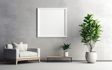 Empty frame on the Gray wall with copy space in the living room with a white armchair, green plants on the floor side, coffee table.
