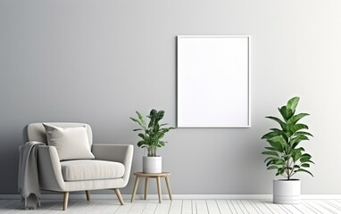 Empty frame on the Gray wall with copy space in the living room with a white armchair decorated with rug, green indoor plants in vases on the floor side