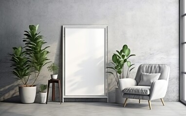 Empty frame on the floor with copy space in the living room with a white retro armchair, Gray wall, green plants on the floor side, coffee table.