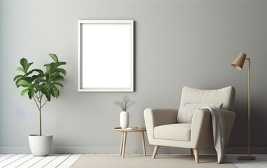 Empty frame with copy space in the living room with a beige armchair, trees on the floor side, coffee table. Gray wall