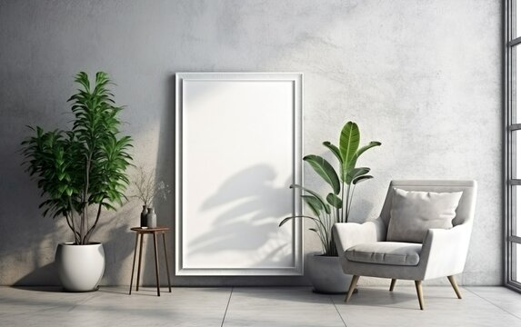Empty frame on the Gray wall with copy space in the living room with a white retro armchair, green plants on the floor side, coffee table with books and a vase. Sunlight and foliages leaves shadow.