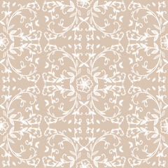 Seamless patern with floral contour pattern, white twigs with leaves and flowers on a beige background, wedding ornament, freehand digital vector illustration.