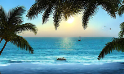 Fototapeta na wymiar Dawn on the Sea, beach, palm trees and yachts, Generative AI, Generative, AI