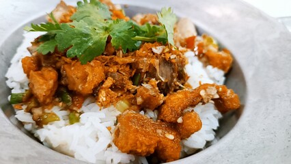 Fried Garlic chili with crispy pork on rice