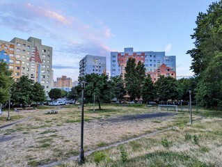 Old, colorful buildings - painted concrete apartment blocks in the poorer neighborhood in Poland © Marek