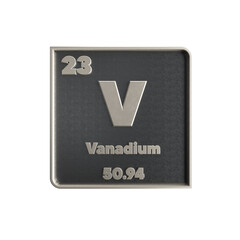 Vanadium chemical element black and metal icon with atomic mass and atomic number. 3d render illustration.