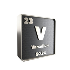 Vanadium chemical element black and metal icon with atomic mass and atomic number. 3d render illustration.