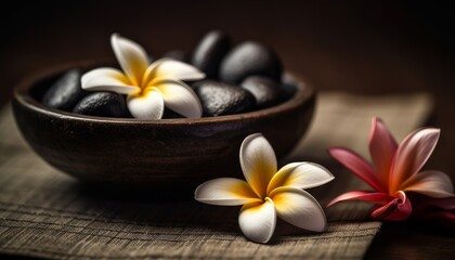 Fototapeta na wymiar frangipani flowers as a spa concept with zen stones and small bowls