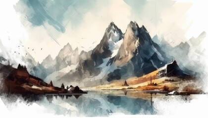 Illustrative drawing of high mountains with a lake in front. Watercolor style painting with white borders - obrazy, fototapety, plakaty