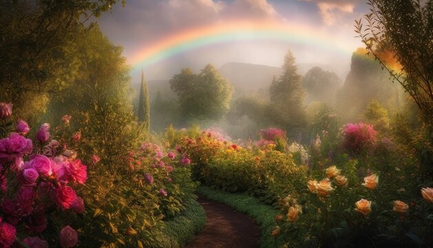 Fantasy panoramic photo background with pink rose garden, misty, rainbow 