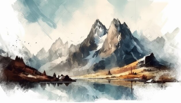 Illustrative drawing of high mountains with a lake in front. Watercolor style painting with white borders