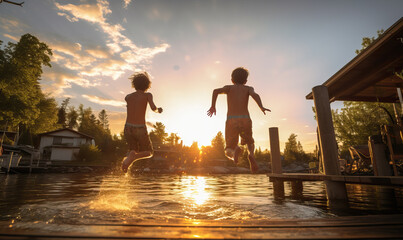 Two boys jumping off the end of a dock — Generative AI