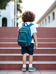 Obraz premium Student boy with backpack on way to school. Concept of back to school. AI generated
