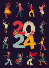 Happy new year 2024. Disco party. Dancing people. Gretting card, wish card for New Year's Eve. Vector illustrations of dancing silhouettes on a dark background
