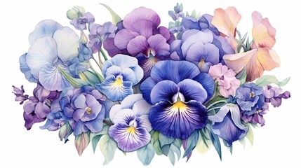 Blue and Purple Hued Iris and Pansies watercolor. AI generated