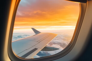 Fototapeta premium Close-Up Airplane Window with Airplane Wing - Created with Generative AI Tools