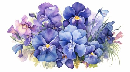 Fototapeta premium Blue and Purple Hued Iris and Pansies watercolor. AI generated