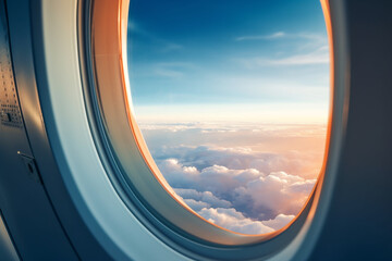 Close-Up Airplane Window with Airplane Wing - Created with Generative AI Tools