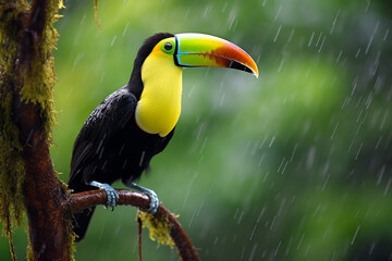 Obraz premium Colorful Chesnut-mandibled Toucan with Open Bill Perched on Branch in Tropical Rainforest - Created with Generative AI Tools