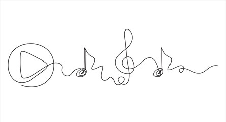 Play button, treble clef and notes are drawn by a single black line on a white background. Continuous line drawing. Vector illustration.