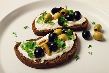 Breakfast, sandwiches, with cream cheese, olives, top view,