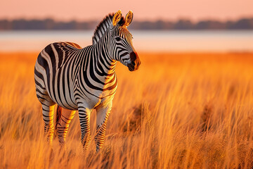 Naklejka premium Majestic Plains Zebra in Grassy Nature Habitat with Evening Light near Lake - Created with Generative AI Tools